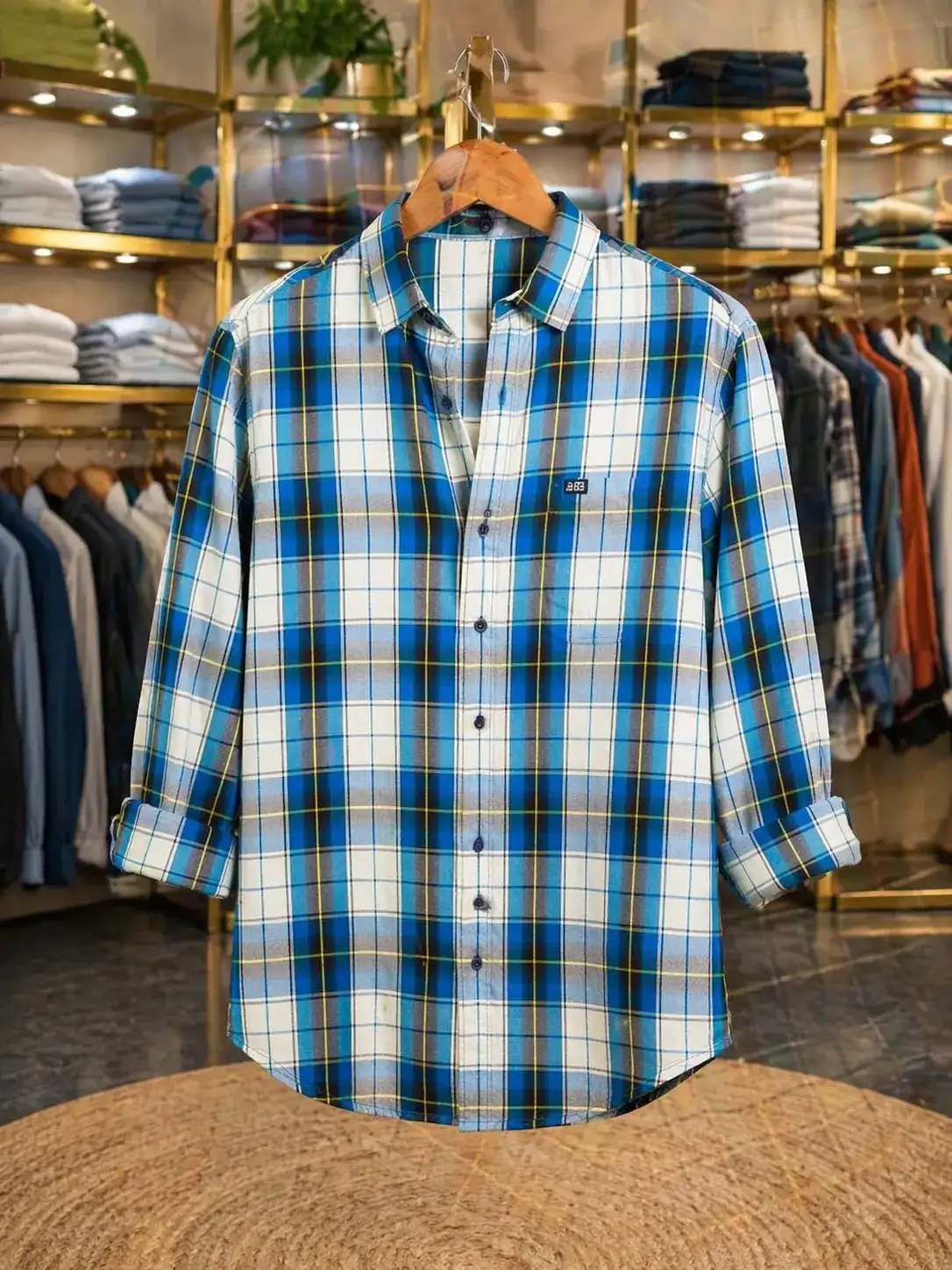 Men's Blue and White Plaid Long-Sleeve Button-Down